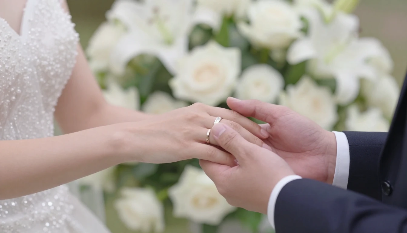 A romantic close-up scene of a bride and groom holding hands...