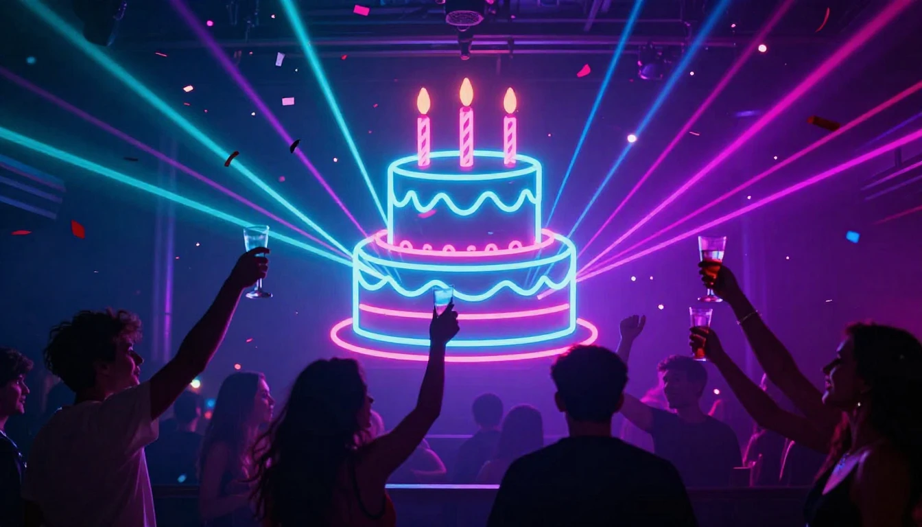 A vibrant and electric party scene centered around a stylize...