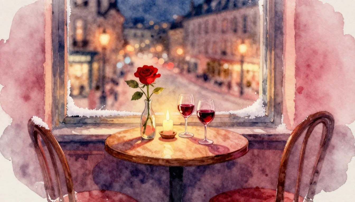 A romantic watercolor painting of a cozy evening scene. A sm...