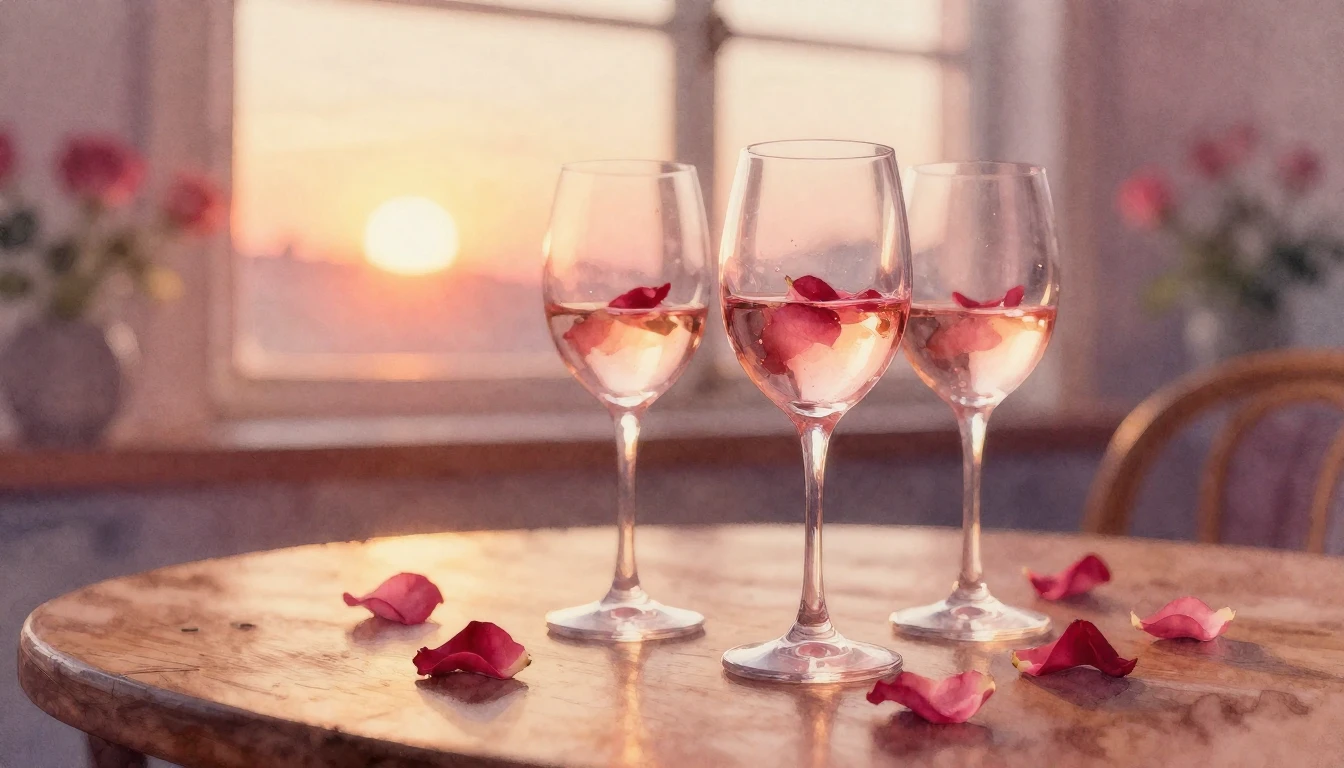 A soft and dreamy watercolor painting of two elegant wine gl...