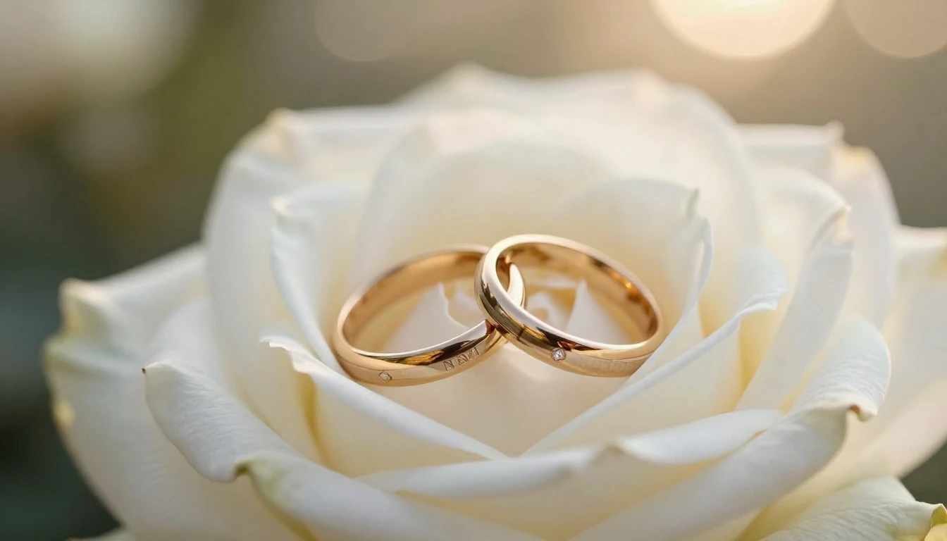 A beautiful romantic scene of two golden wedding rings resti...