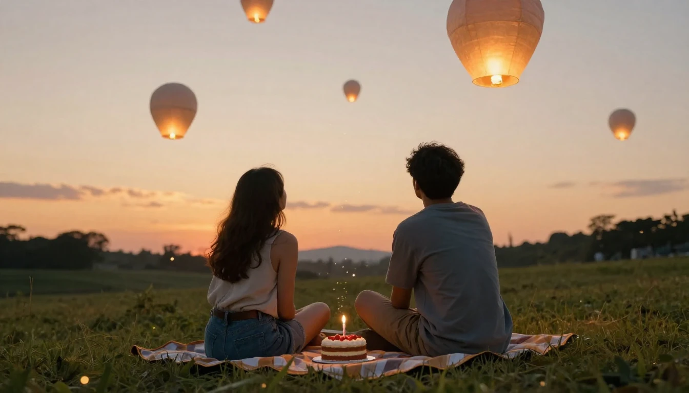 Two friends sitting on a grassy hill at sunset, looking at a...