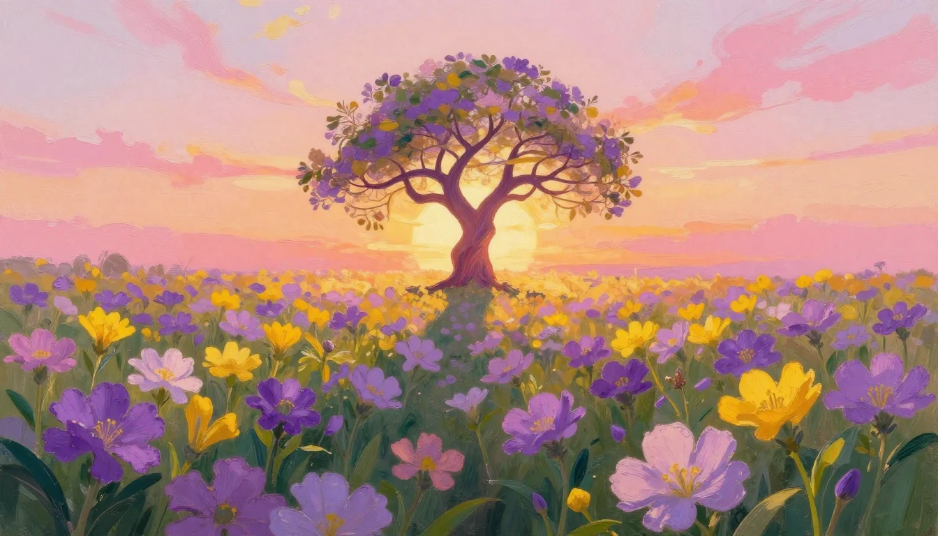 A vibrant field of blooming purple and yellow flowers stretc...