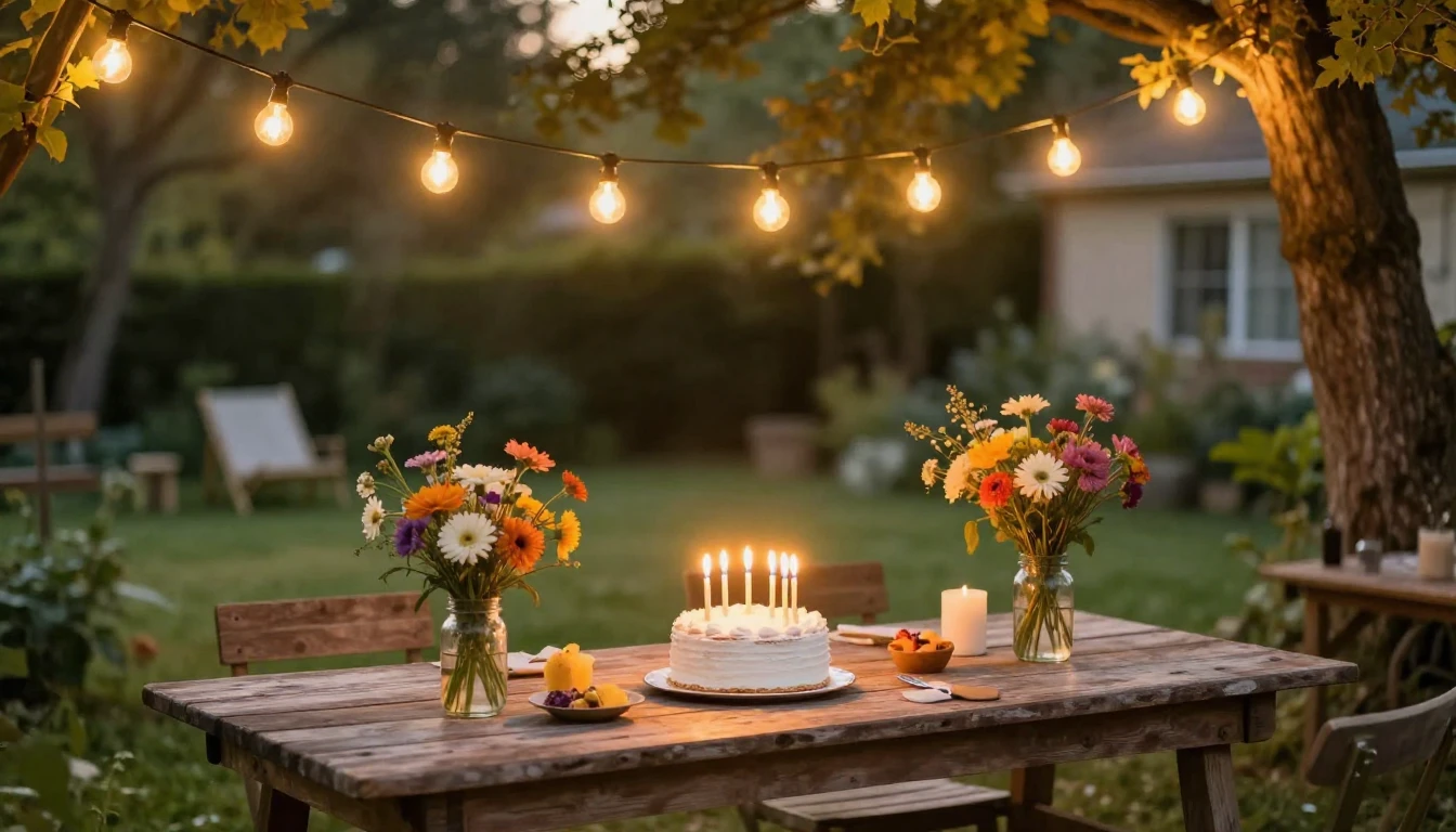 A warm and inviting birthday celebration scene outdoors in a...