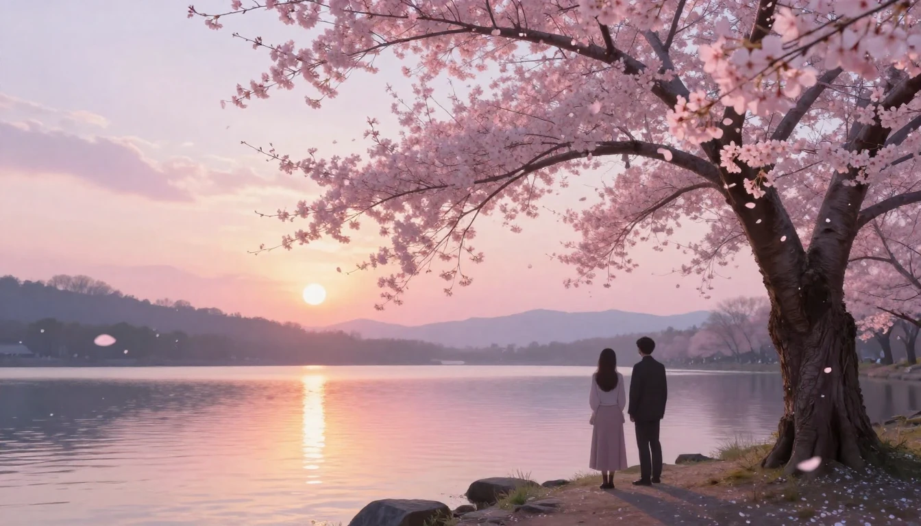 A dreamy and ethereal scene of two silhouettes standing unde...