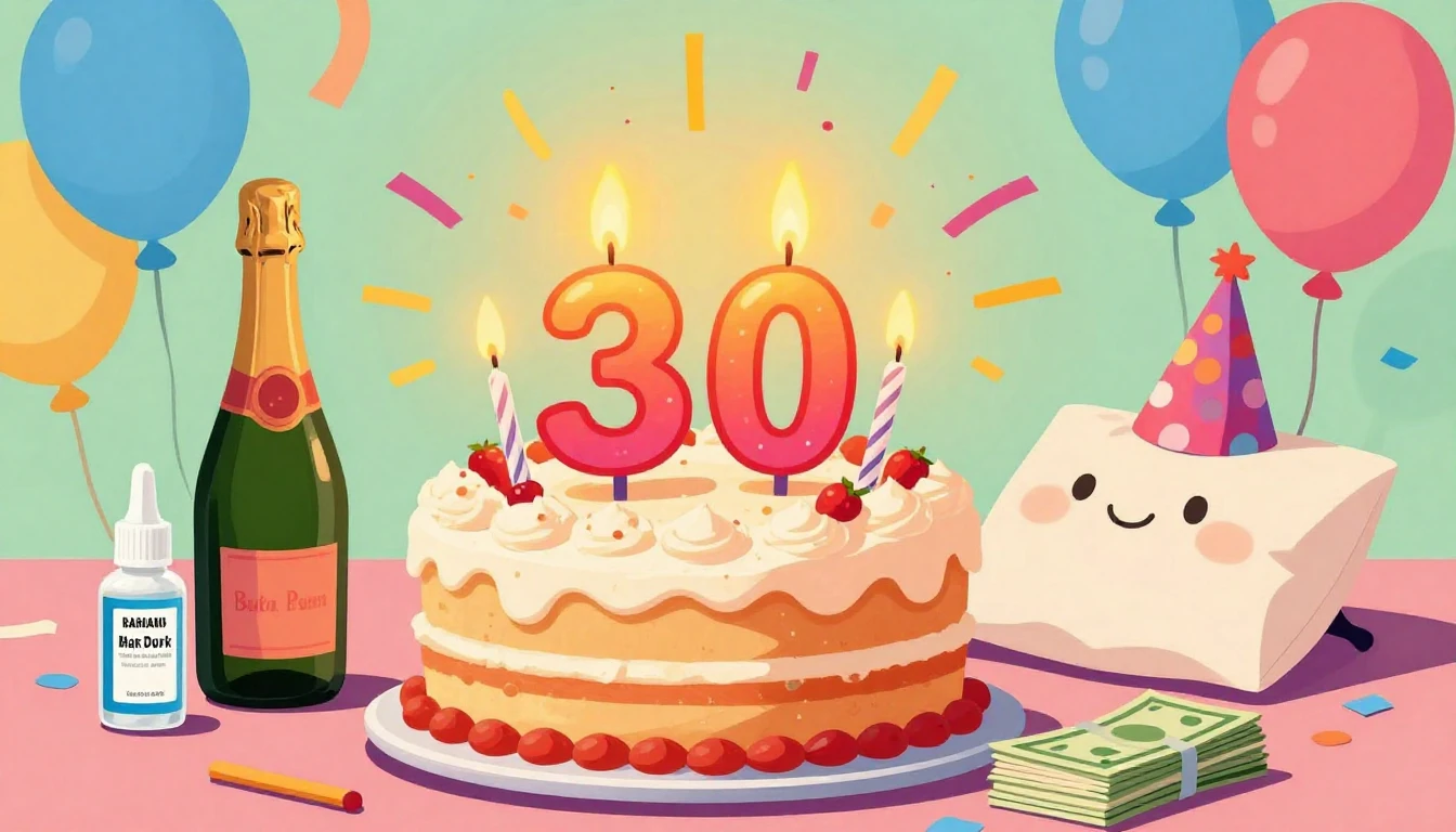 A humorous and colorful birthday illustration featuring a ch...