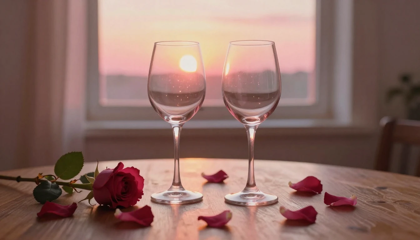A dreamy and romantic scene featuring two elegant wine glass...