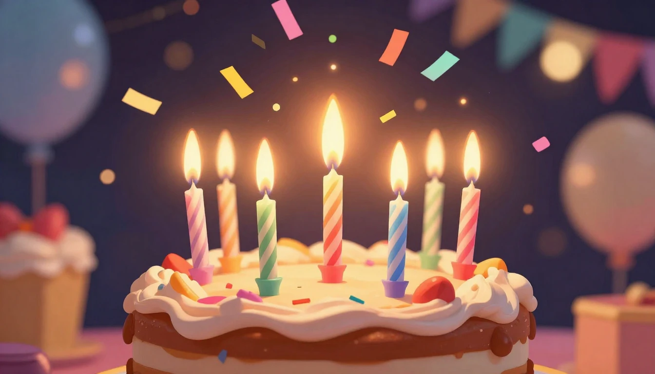 A vibrant and festive birthday illustration, featuring a clo...