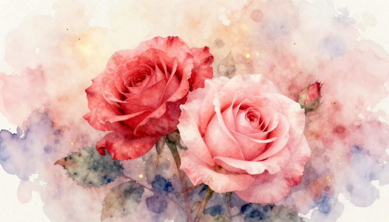 A delicate watercolor painting of two intertwined roses in s...