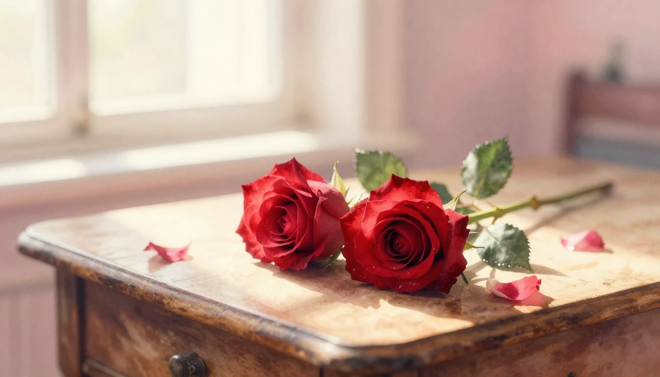 A delicate watercolor painting of two intertwined red roses ...