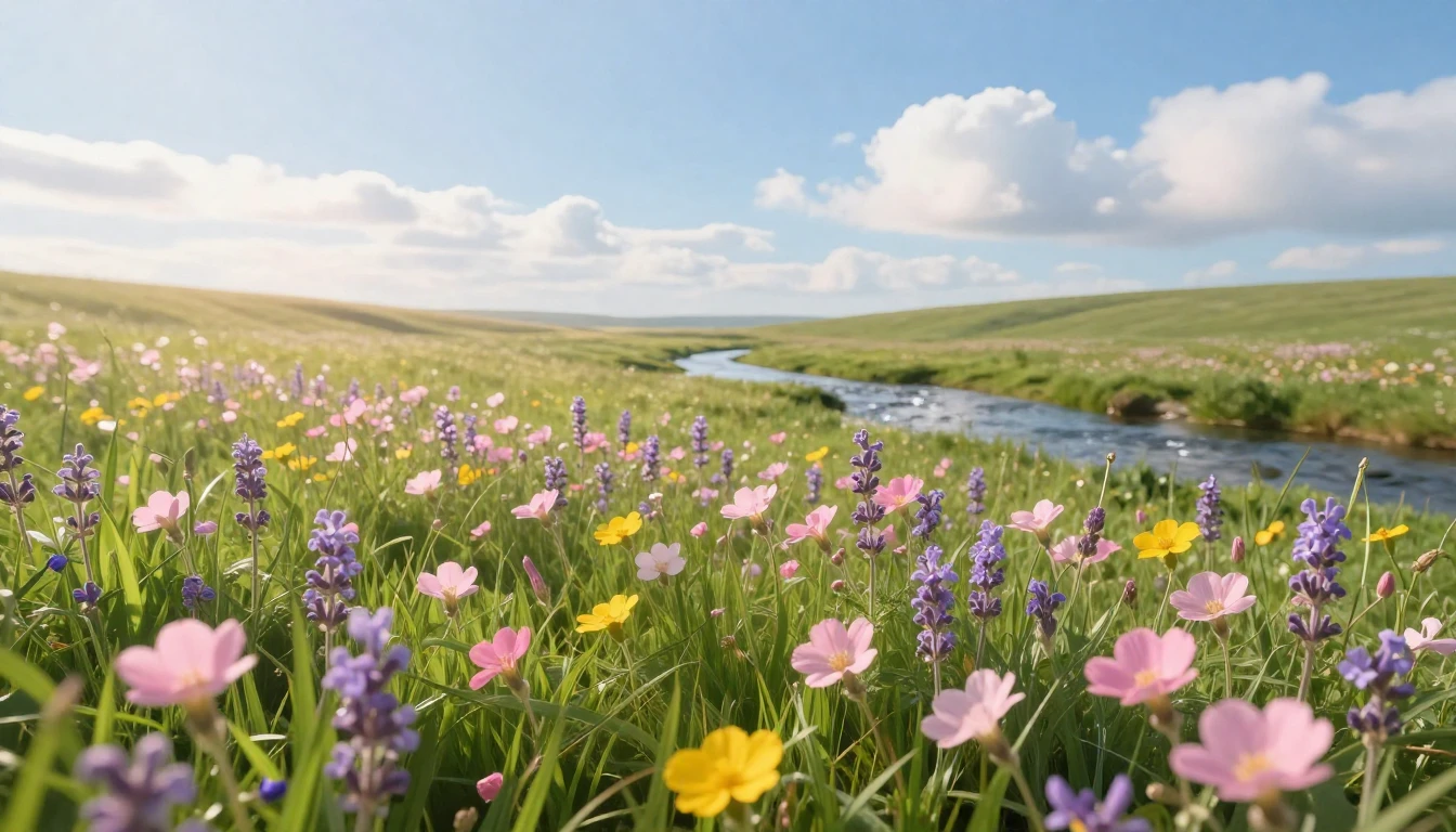 A serene landscape featuring a lush green meadow filled with...