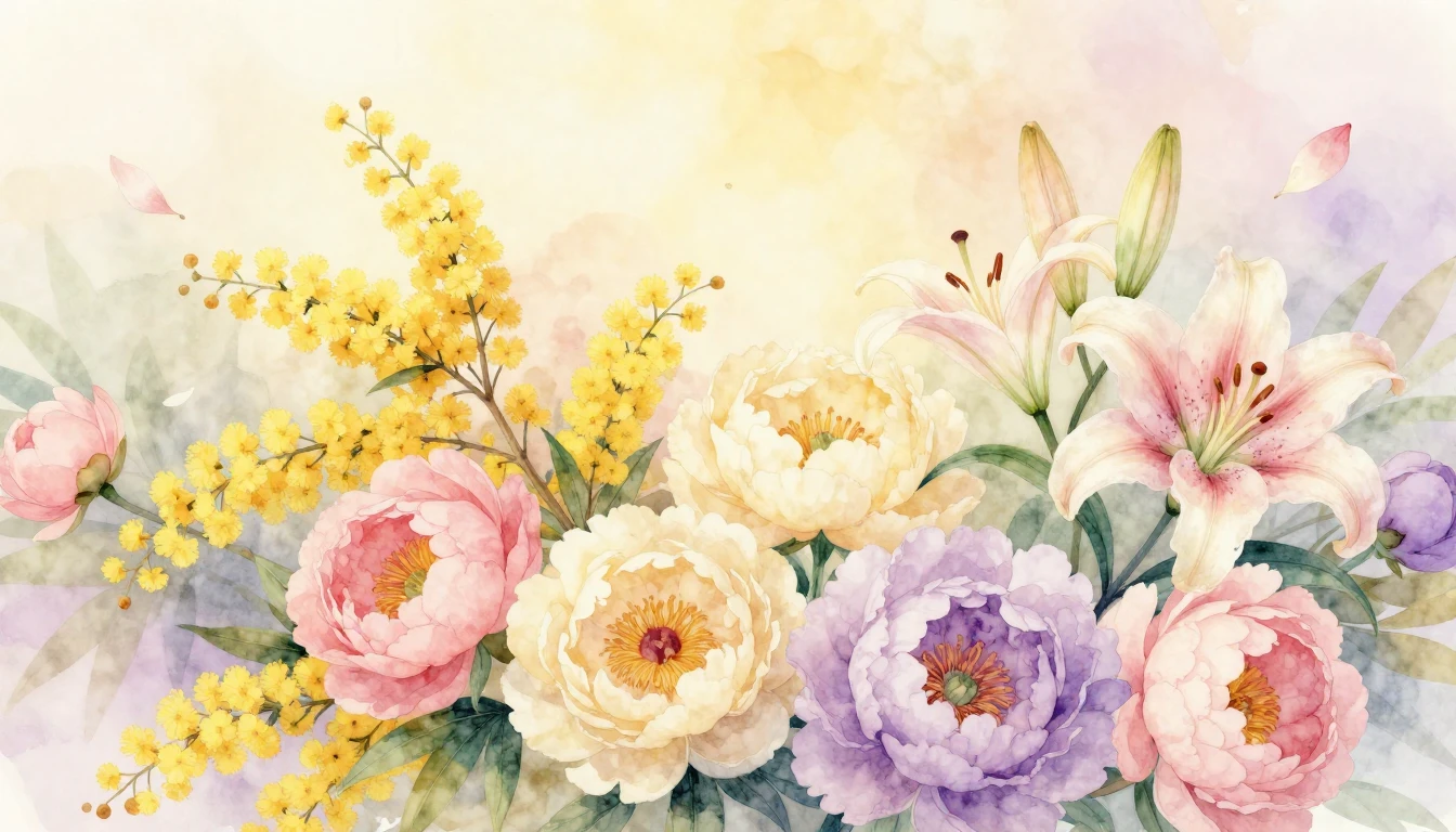 A beautiful watercolor illustration featuring a diverse bouq...