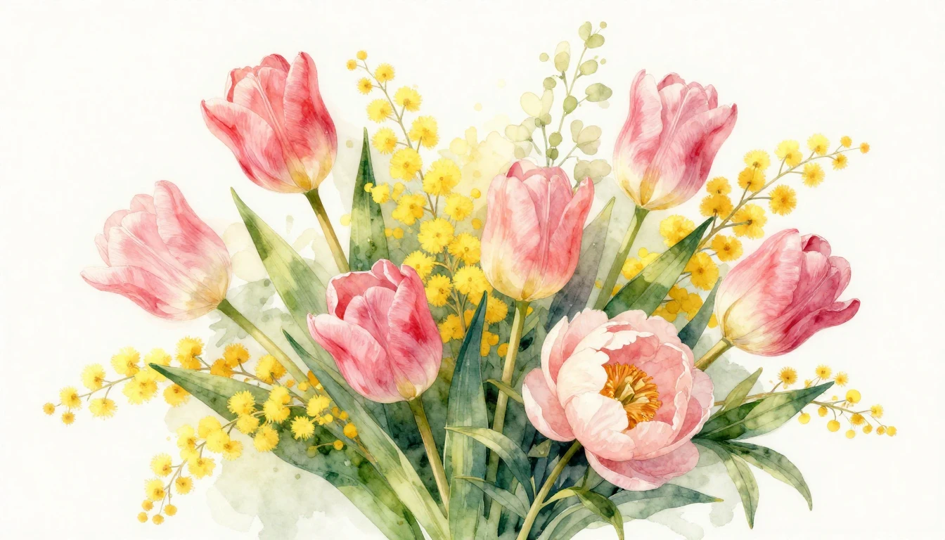 A vibrant and delicate watercolor painting featuring a lush ...