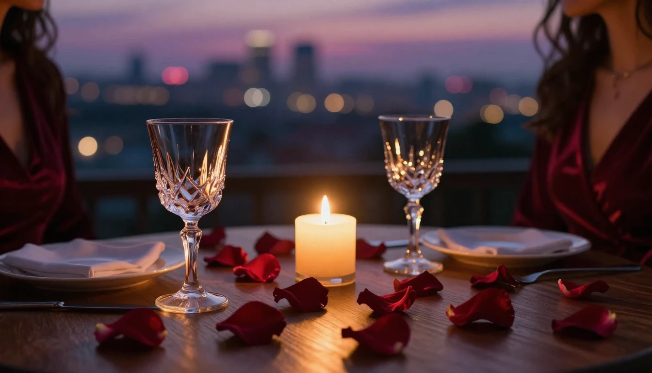 A high-quality cinematic shot of a romantic dinner setting a...