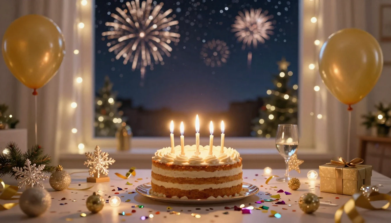 A festive and joyous scene celebrating both a birthday and N...