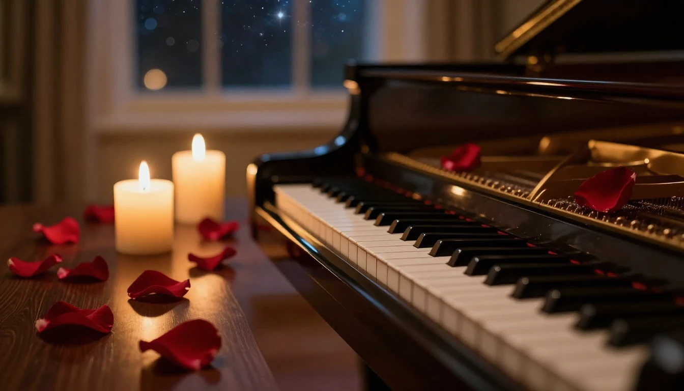 A close-up shot of a grand piano in a dimly lit room, illumi...