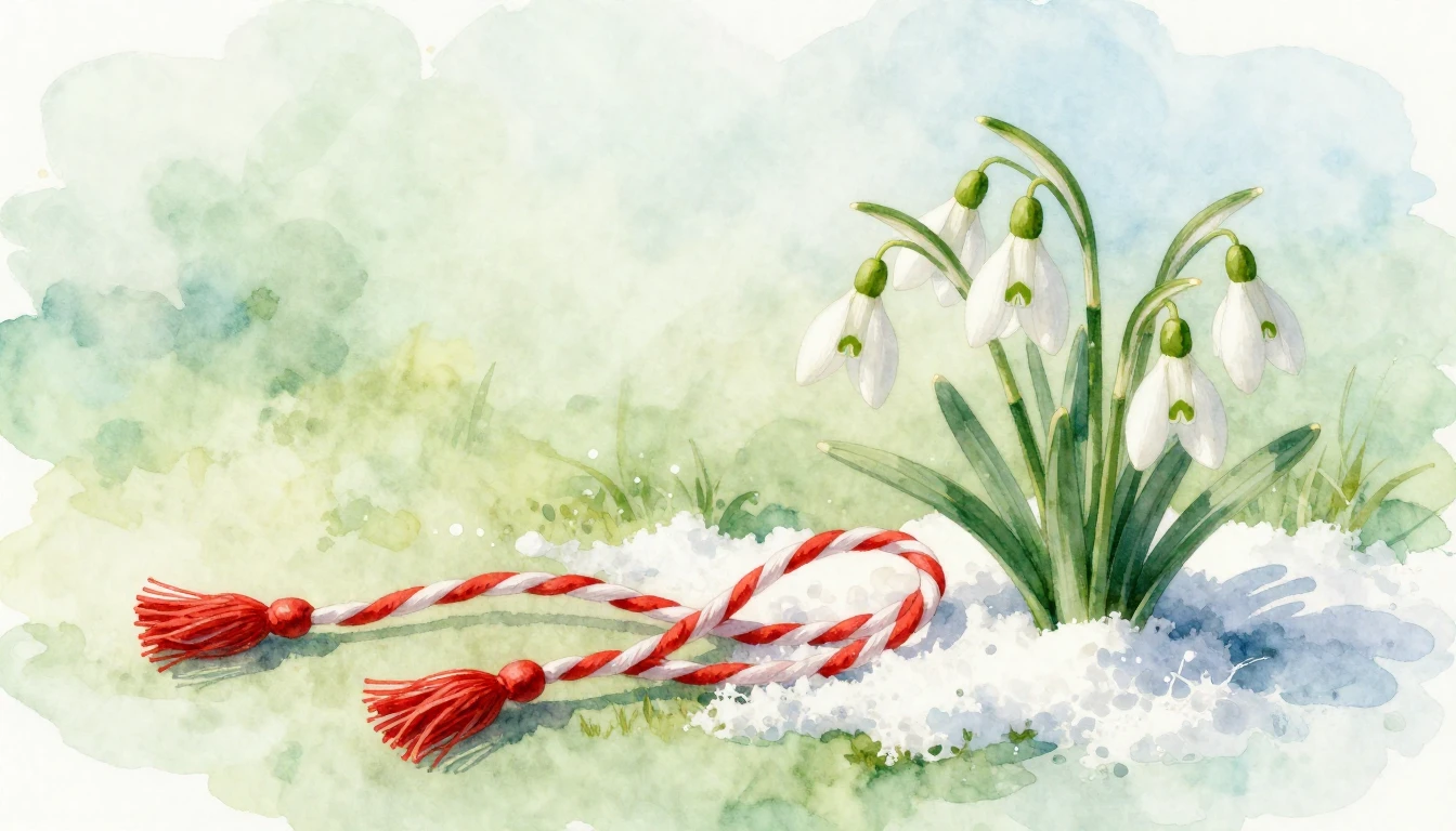 A delicate watercolor painting of a traditional Mărțișor sym...