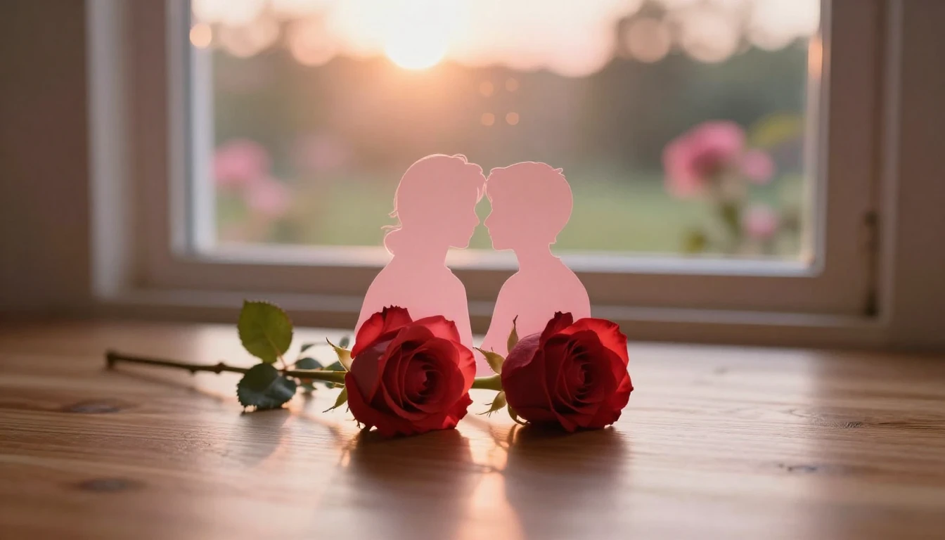 A delicate and ethereal scene featuring two intertwined silh...