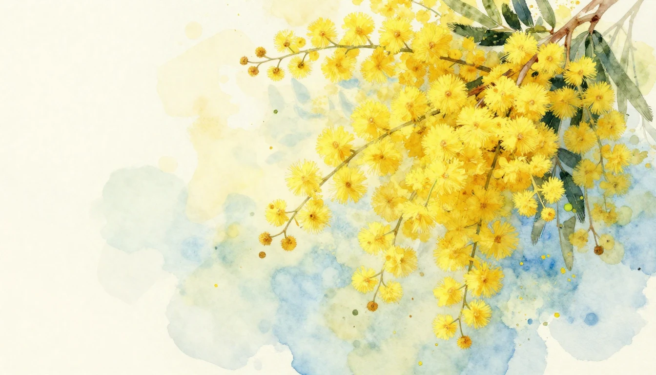 A delicate watercolor painting of bright yellow mimosa branc...