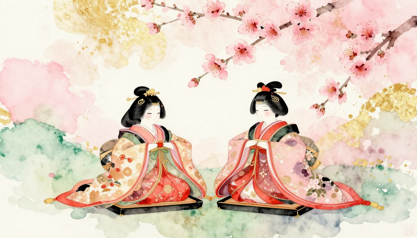 A delicate watercolor painting of traditional Hina dolls, sp...