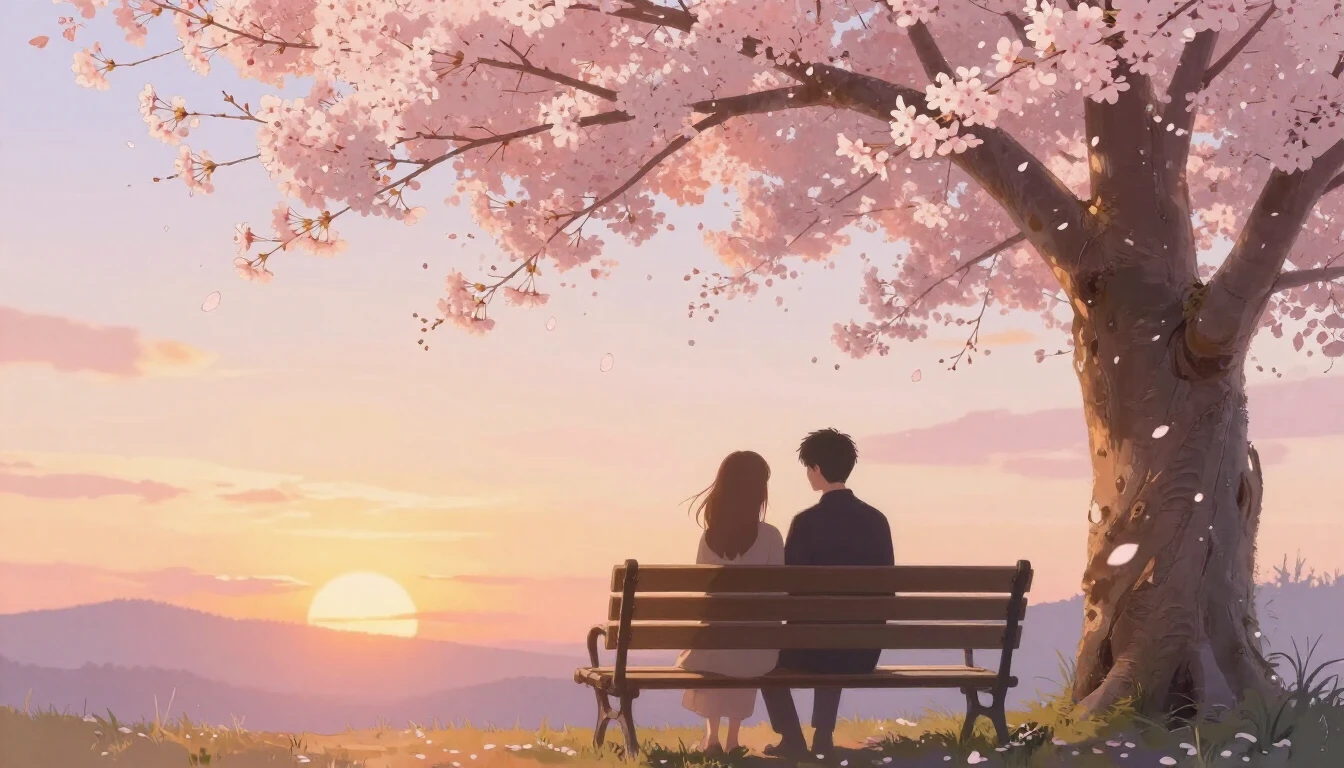 A romantic and dreamy scene depicting two silhouettes sittin...