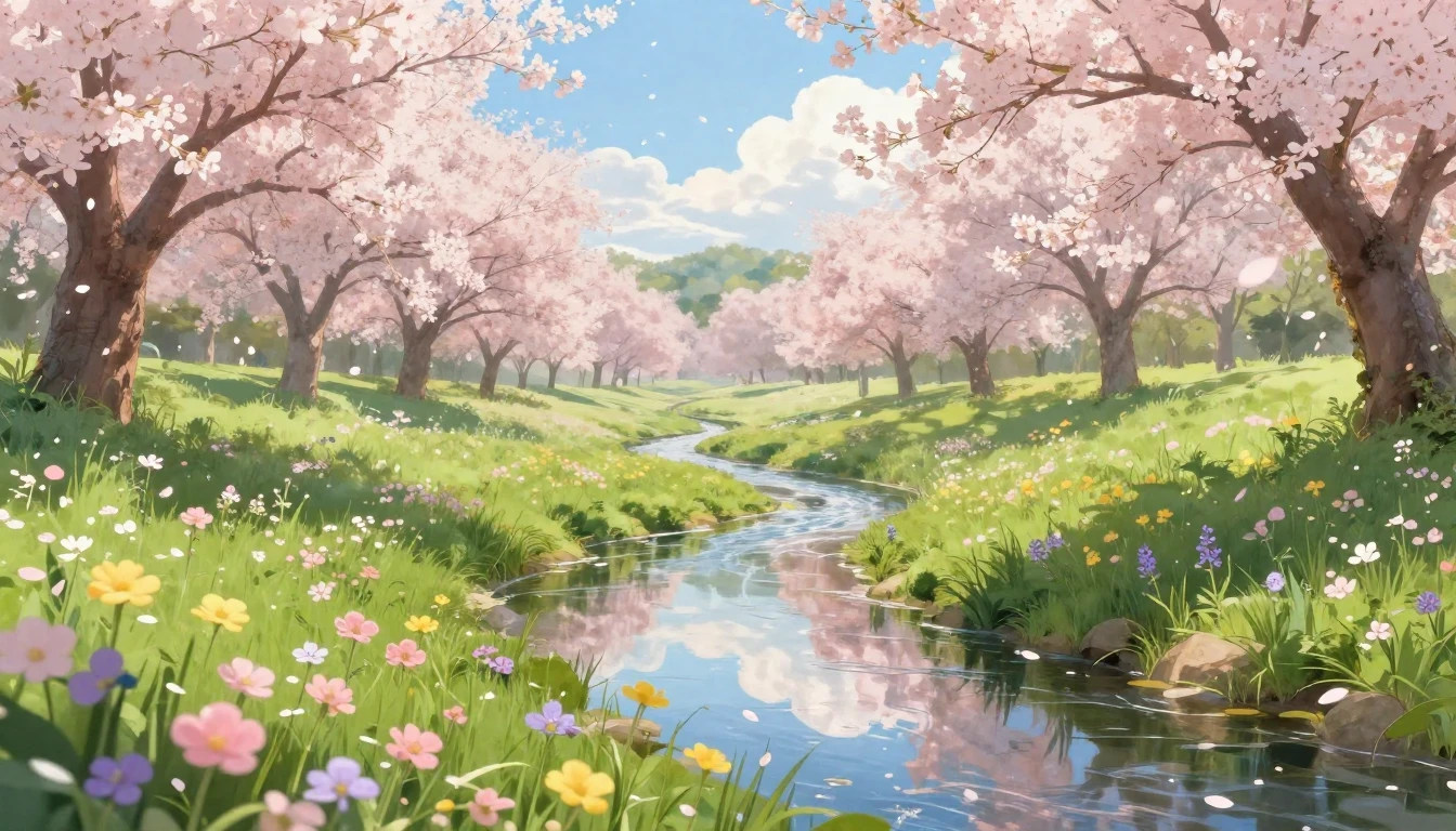 A serene landscape featuring a lush green meadow with bloomi...