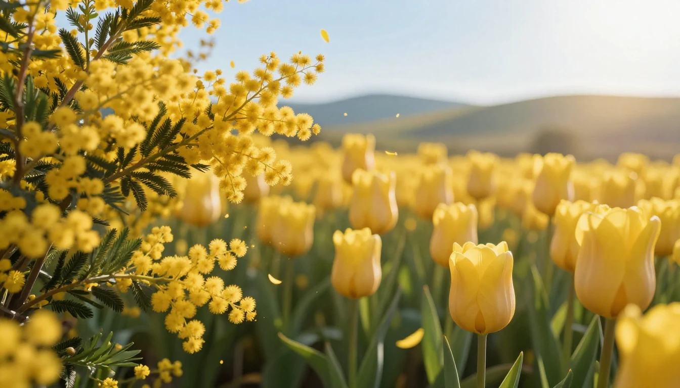 A breathtaking field of blooming mimosa flowers and soft yel...