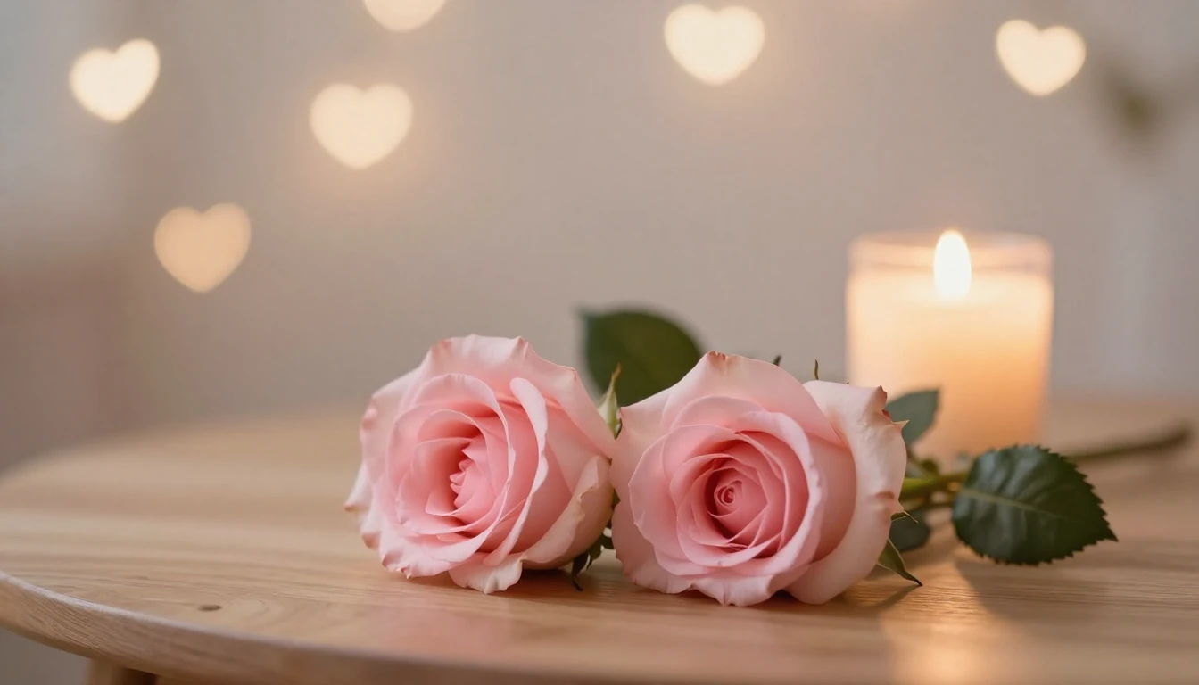 A dreamy and romantic scene featuring two delicate pink rose...
