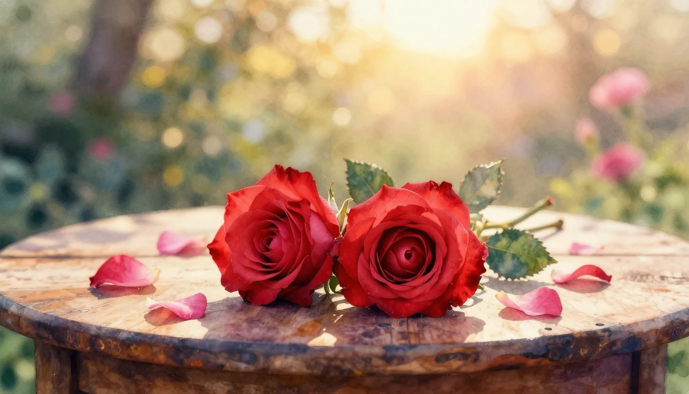 A beautiful watercolor painting of two intertwined red roses...