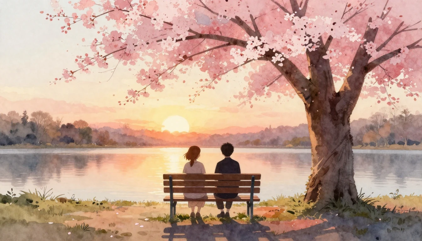 A beautiful watercolor painting depicting two silhouettes si...