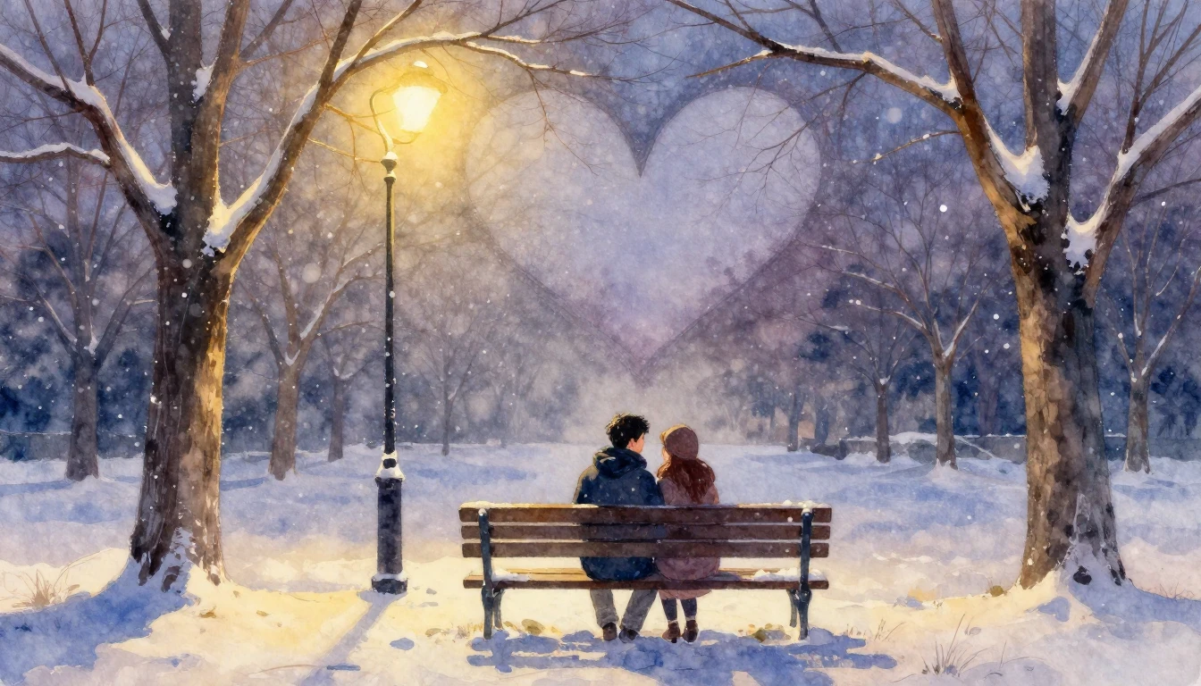 A soft and dreamy watercolor painting of a couple sitting cl...