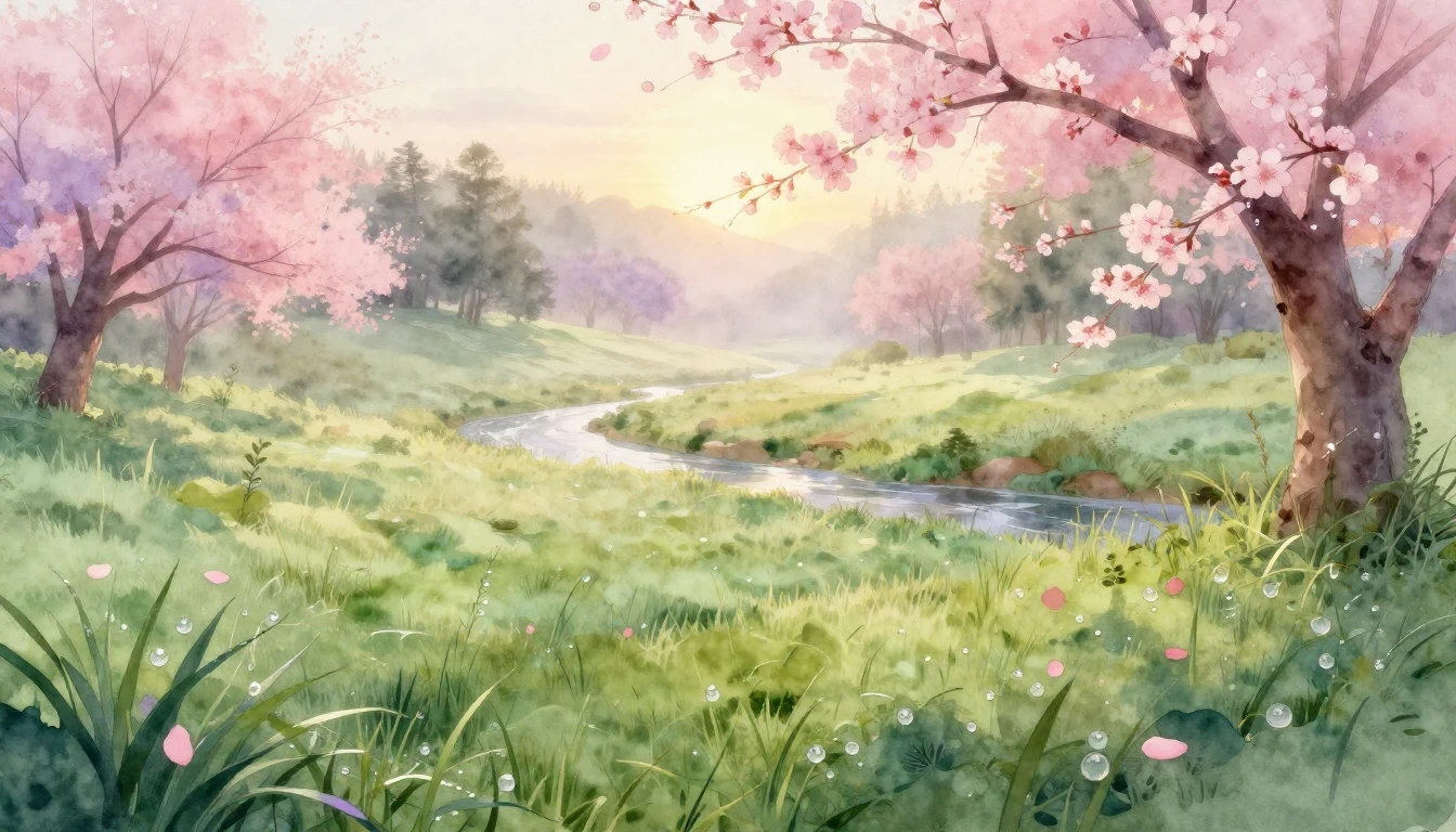 A breathtaking watercolor painting of a lush meadow at sunri...