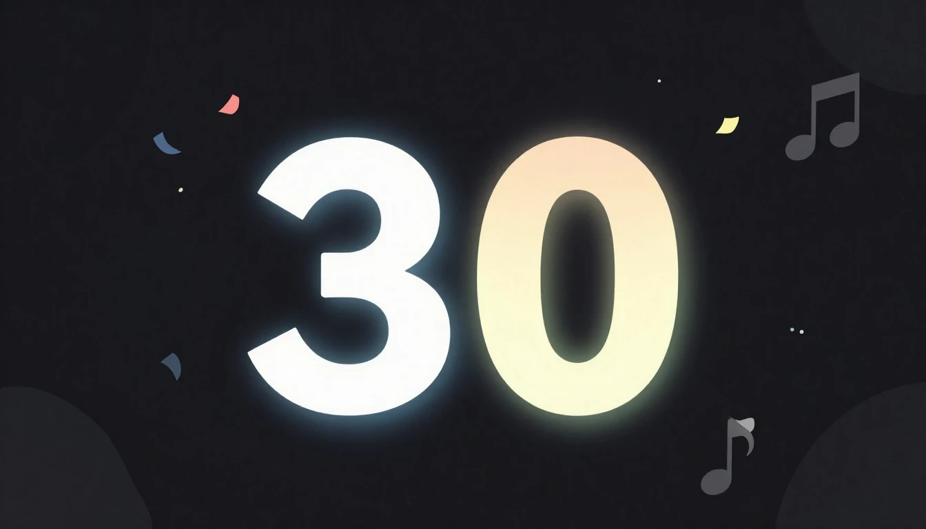 A minimalist illustration of a glowing number 30 in vibrant ...