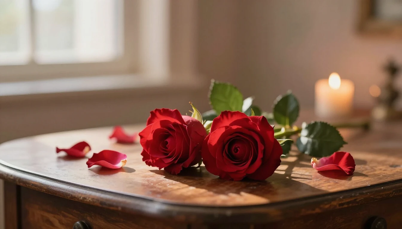 A beautiful and delicate scene featuring two intertwined red...