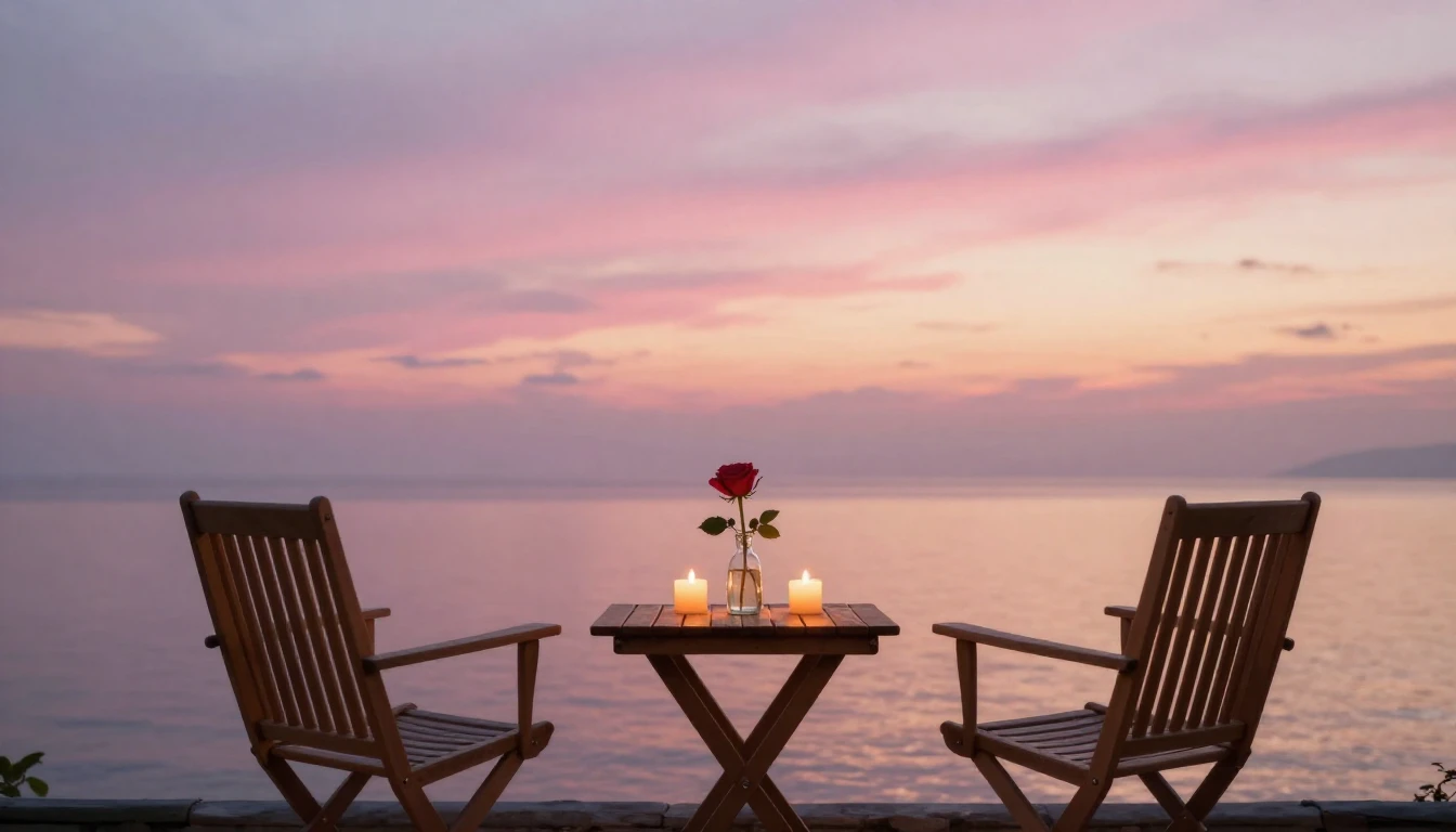 A serene and romantic scene featuring two empty chairs on a ...
