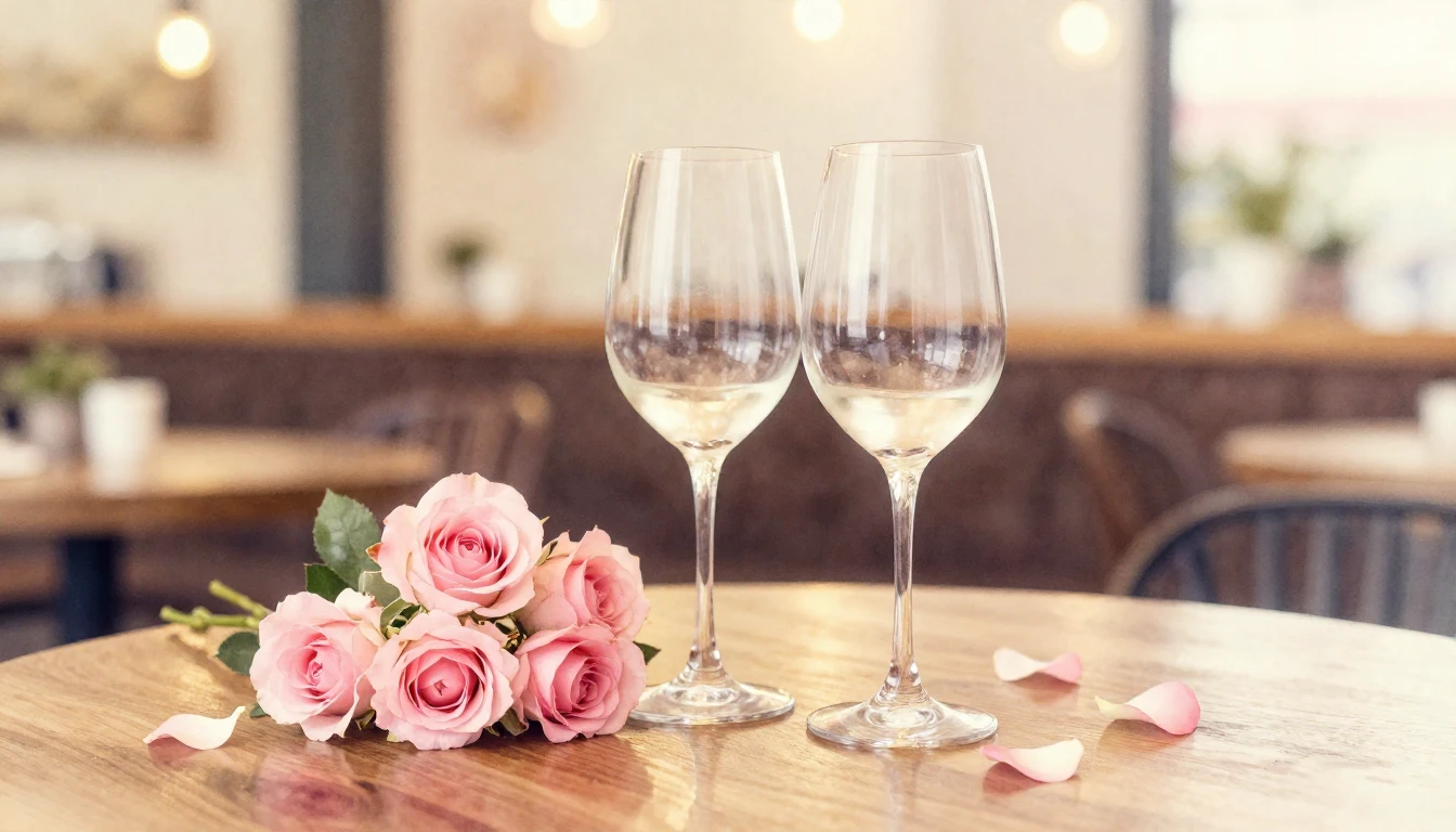 A dreamy watercolor painting of two elegant wine glasses sit...