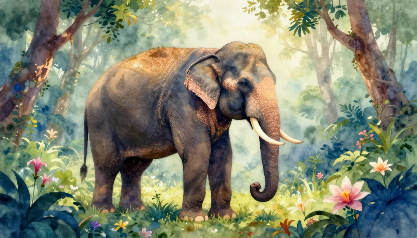 A breathtaking watercolor painting of a majestic elephant ad...