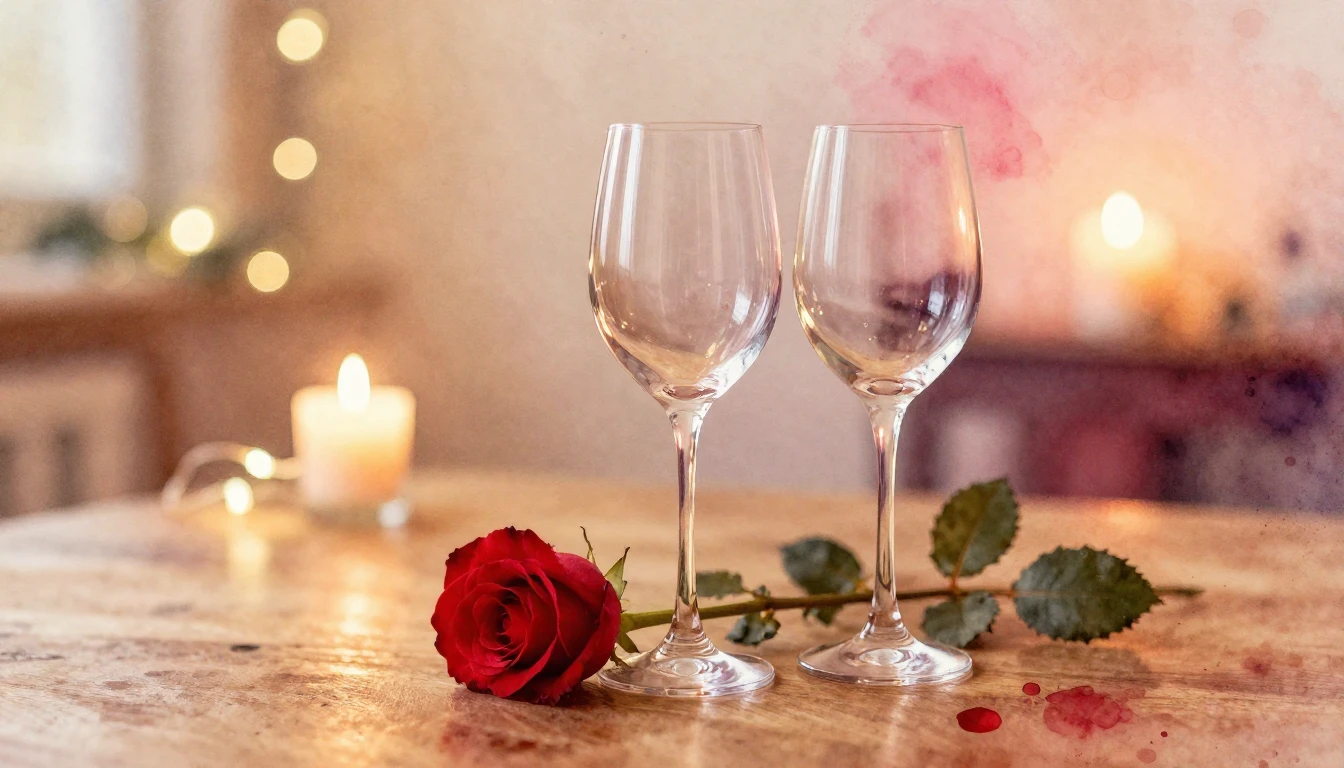 A soft watercolor painting of two elegant wine glasses stand...