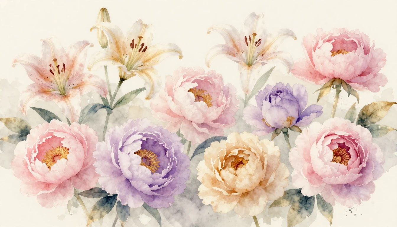 A beautiful and delicate watercolor painting of various bloo...