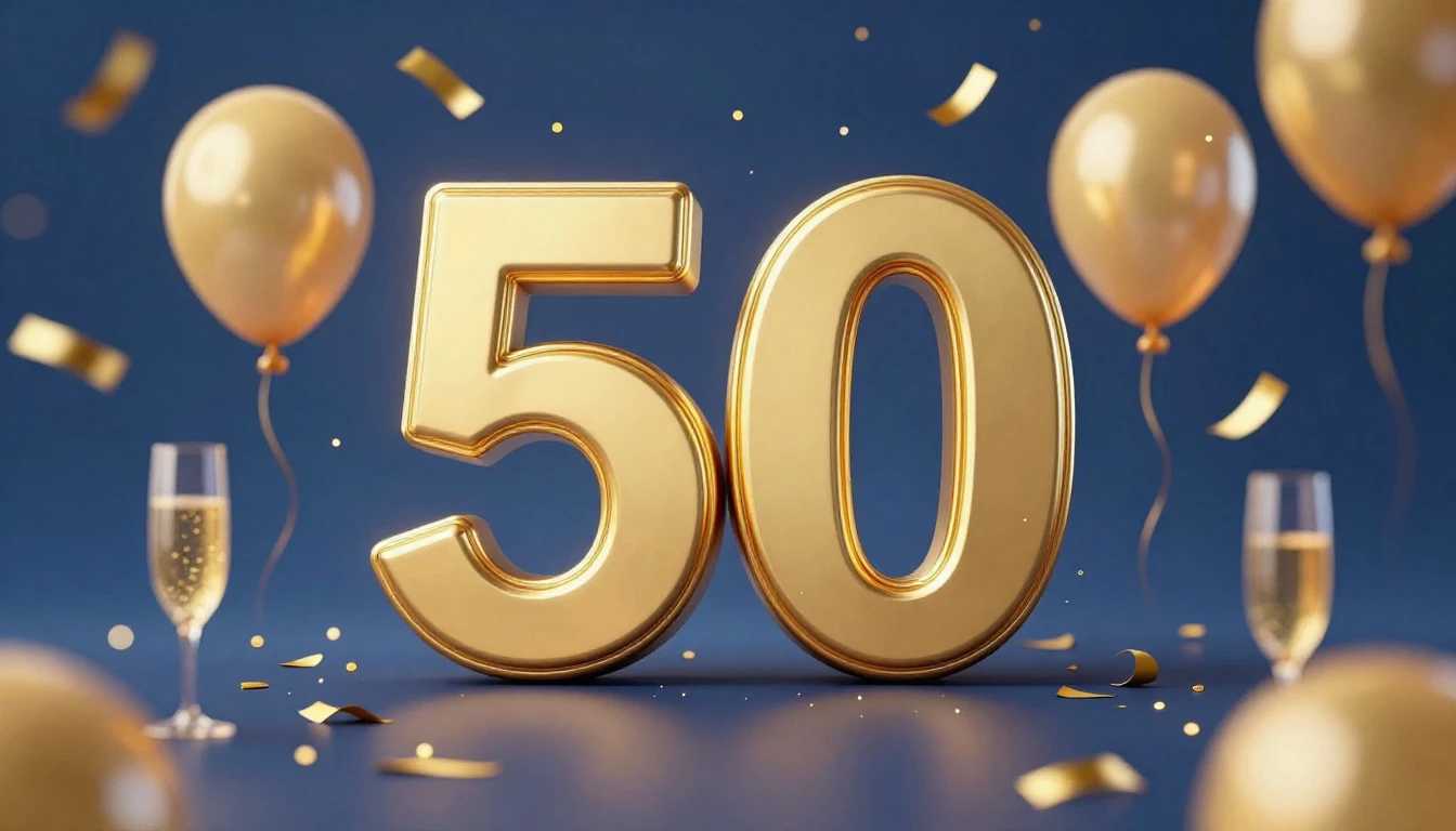 A festive and elegant album cover design celebrating a 50th ...