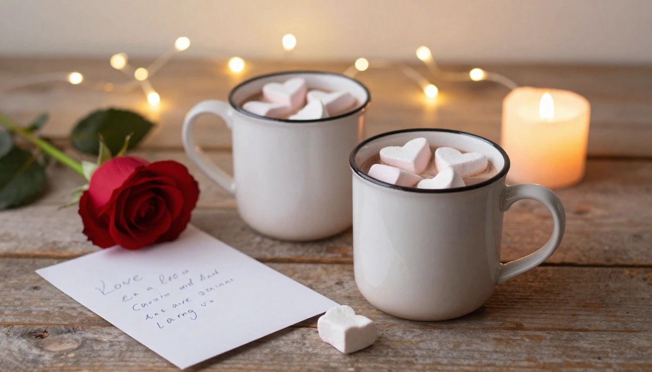A romantic and cozy scene featuring two mugs of hot chocolat...