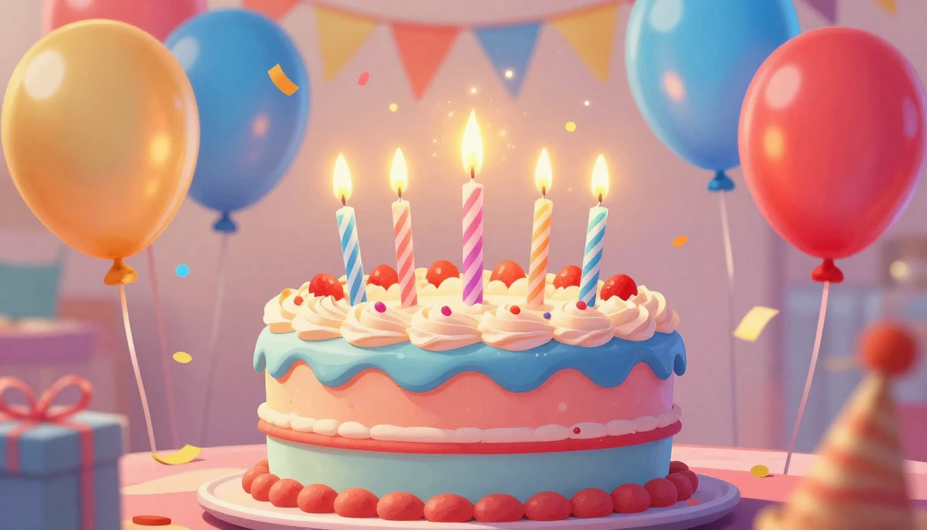 A vibrant and festive birthday illustration featuring a larg...