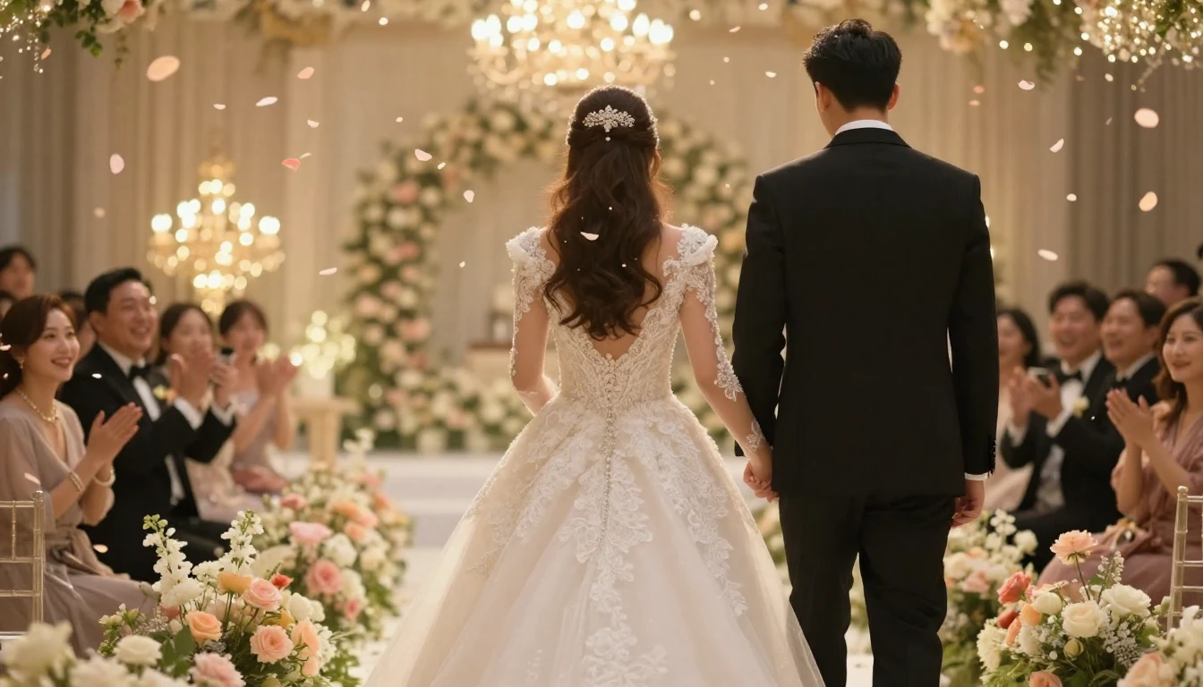 Cinematic shot of a wedding celebration, back view of a brid...