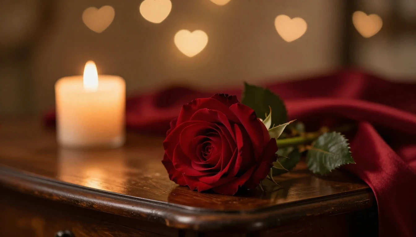A close-up cinematic shot of a single deep red rose resting ...