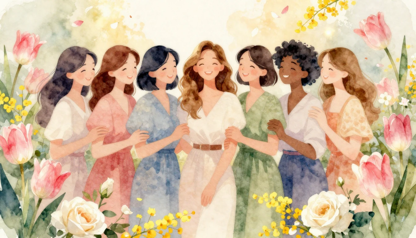 A beautiful, uplifting watercolor painting of a diverse grou...