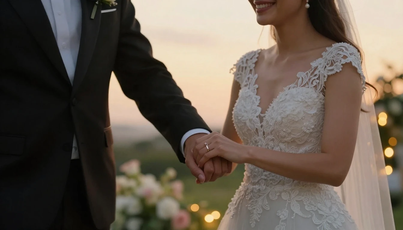 A cinematic close-up shot of a happy bride and groom holding...