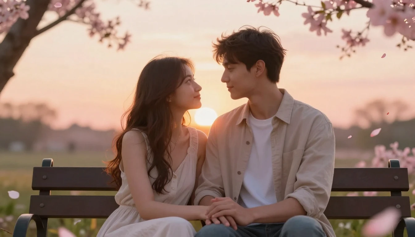 A romantic scene featuring a couple sitting close together o...