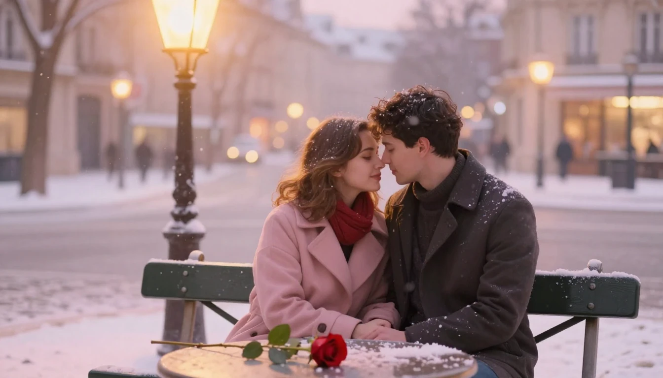 A romantic scene featuring a couple sitting close together o...