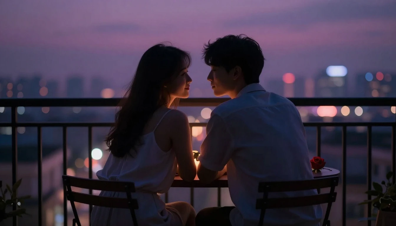 A romantic scene featuring a couple sitting close together o...