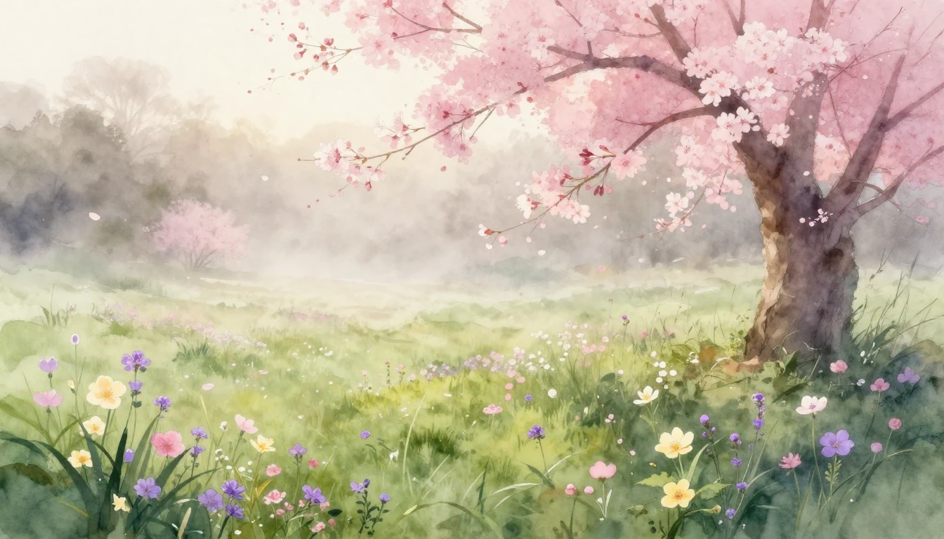 A beautiful watercolor painting of a lush meadow at dawn. De...